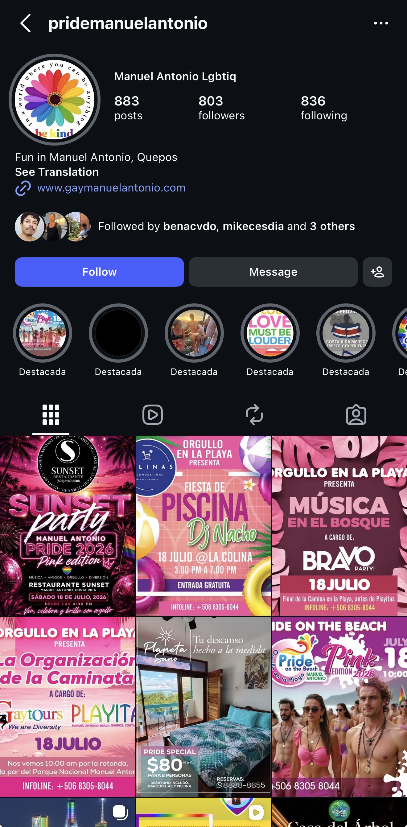 Manuel Antonio Pride Instagram profile preview