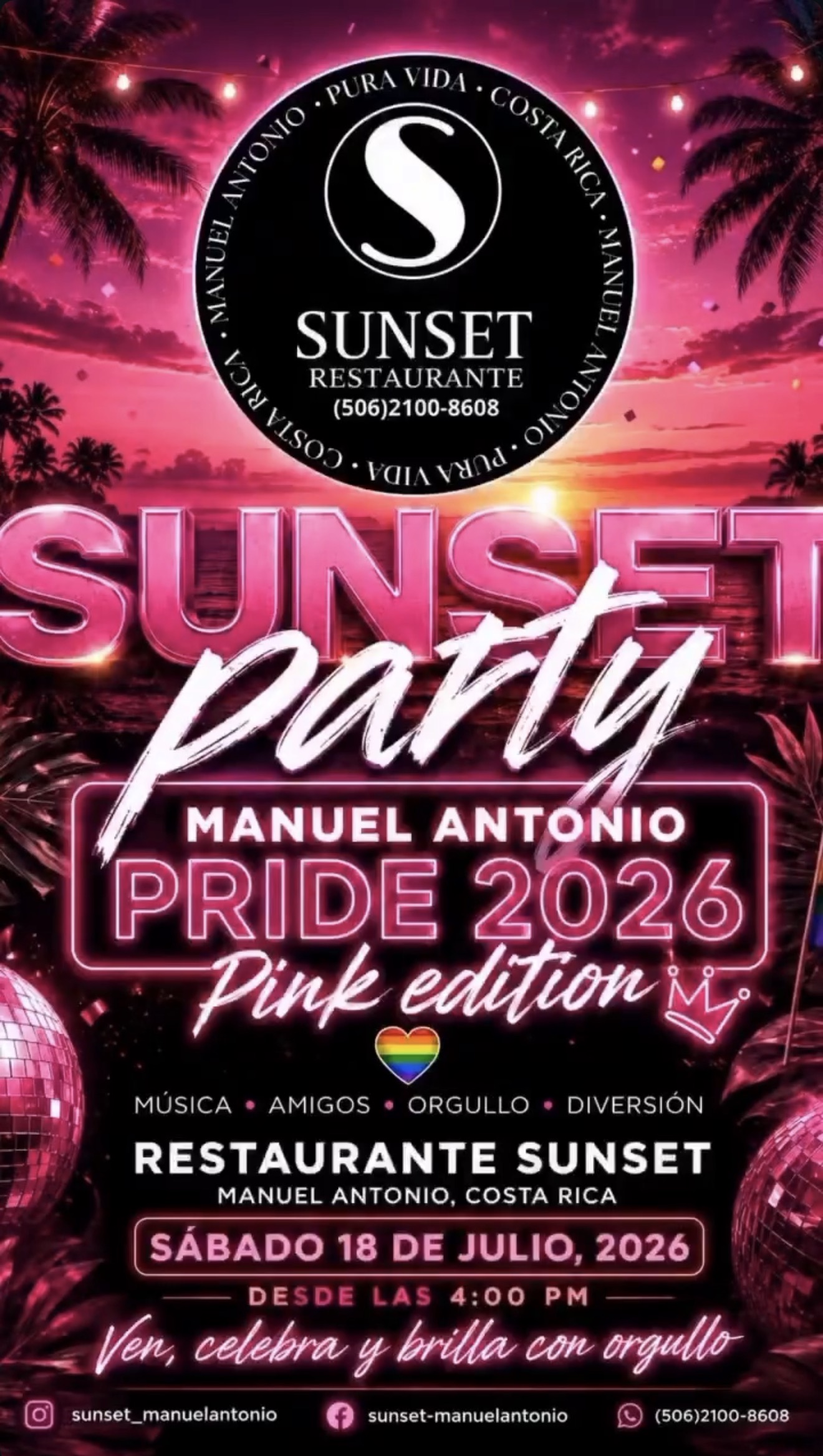 Sunset Party Manuel Antonio Pride 2026 Pink Edition poster